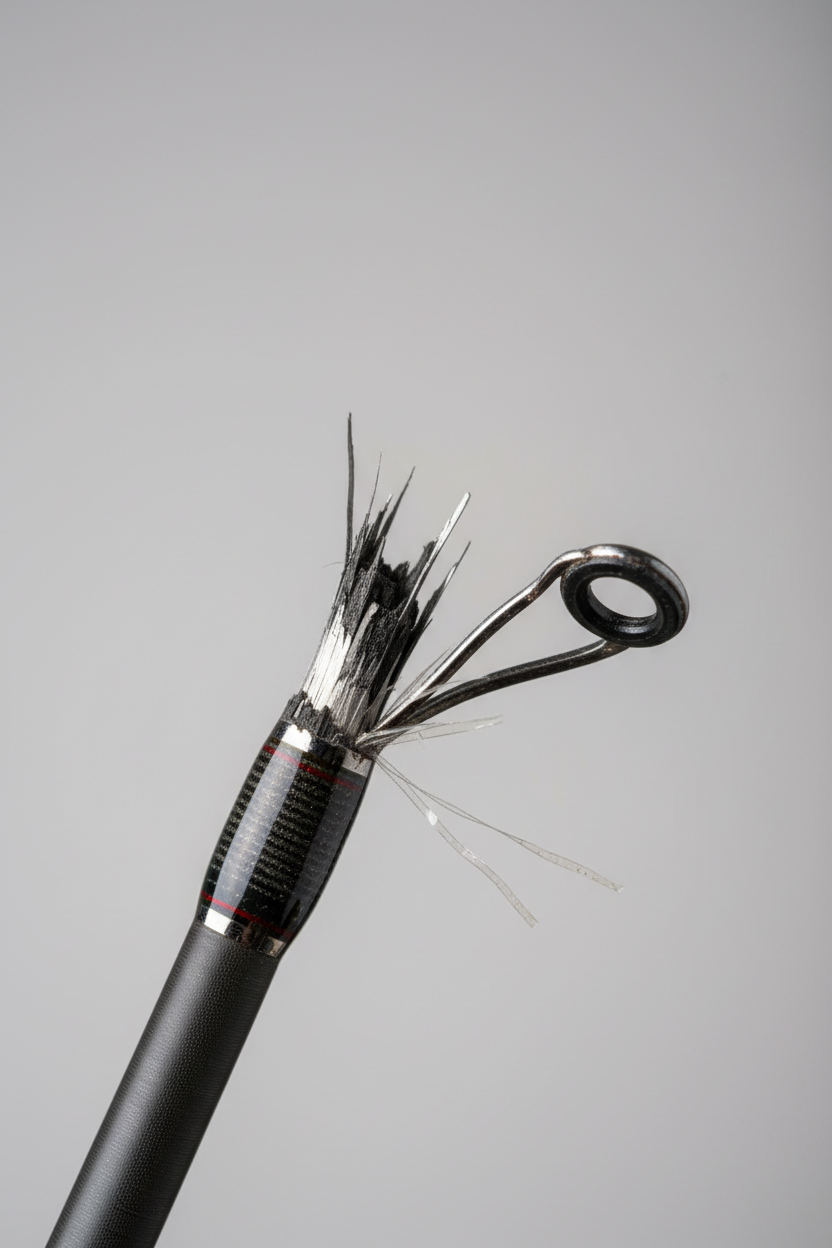 Close-up of a broken fishing rod tip guide in need of repair