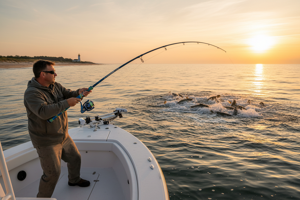Man fishing on a boat at sunset with a large striped bass off the coast of Marth's Vineyard