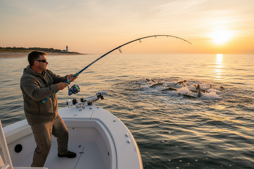 Man fishing on a boat at sunset with a large striped bass off the coast of Martha's Vineyard